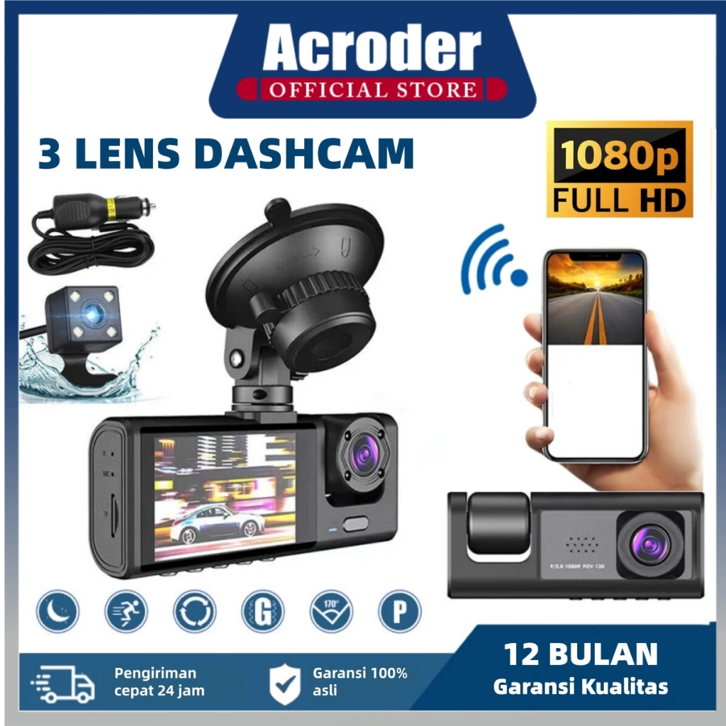 Acroder Dashcam Mobil  3 Cameras HD 1080p 170° Night Vision G-Sensor 24 Hours Parking