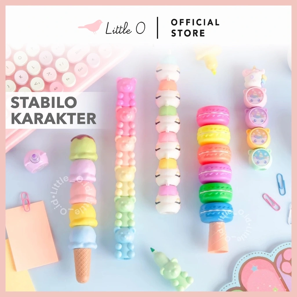 LITTLE O Macaroon Ice Cream Unicorn Bear Stabillo Highlighter Motif Lucu
