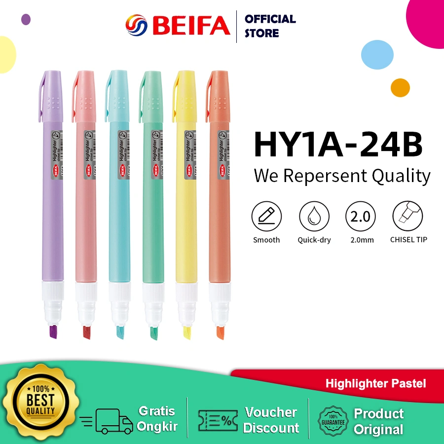 Beifa Highlighter Penanda Teks Warna Cerah Neon - Tajam & Tahan Lama HY1A