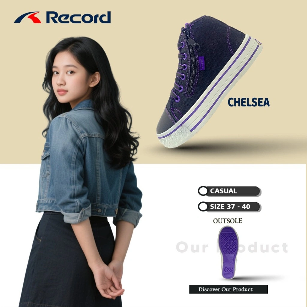 RECORD CHELSEA Sneaker Sekolah Kasual KANVAS WANITA/REMAJA UNGU MERAH PINK FASHION 37-40