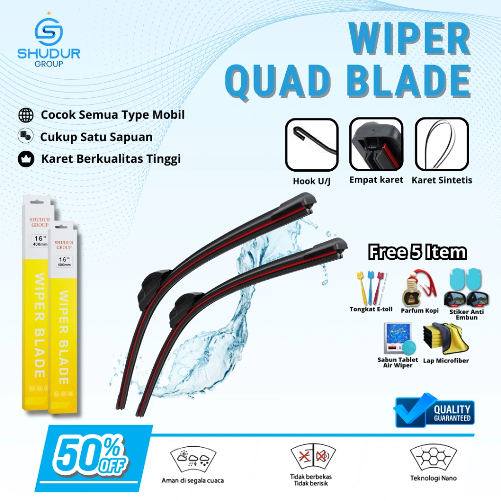 Shudur Wiper Mobil Quad Blade Frameless 1 Set Model 4 Lapis Karet Universal Mobil Bonus 5 Produk