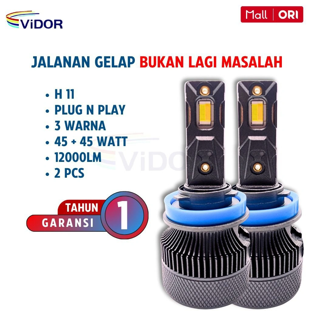 ViDOR Lampu Kabut Mobil / Foglamp 45 + 45 WATT, Socket H11 / H16 Super Terang 3 Warna, Dual Tube Gel