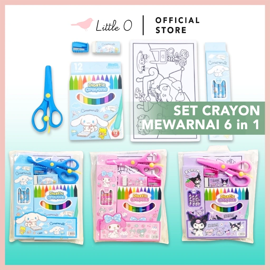 LITTLE O 6IN1 SANRIO Paket Drawing Crayon Set Gunting Pensil Penghapus Mewarnai Goodiebag Stationary Set