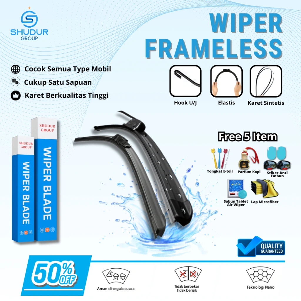 Shudur Wiper Frameless Mobil Tanpa Rangka Besi 1 Set Kiri dan Kanan Universal Bonus 5 Produk