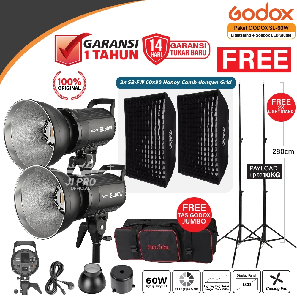Paket 2 Lampu Godox SL60W / SL-60W / SL 60 W Studio LED Flash Video Continuous Light 2x Softbox + 2x Lightstand Plus Tas Jumbo