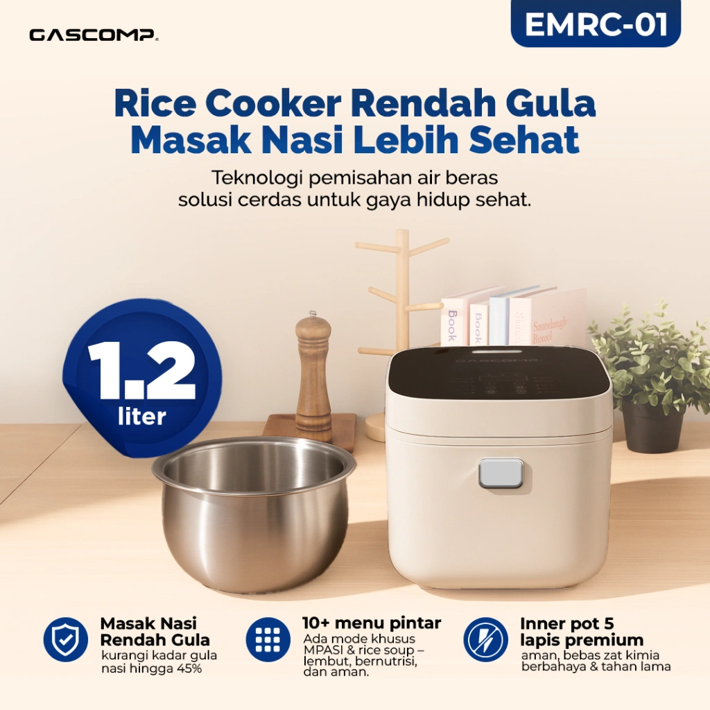 GASCOMP EMRC-01 Rice Cooker Digital Low Carbo Low Sugar Kapasitas 1,2 Liter Nasi (3 Liter)  | Penanak Nasi Rendah Gula Digital Panel Kaca Elegan Anti Lengket | Inner Pot Stainless Steel , Titanium , Mode MPASI & Sup, Low Watt Garansi 1 Tahun