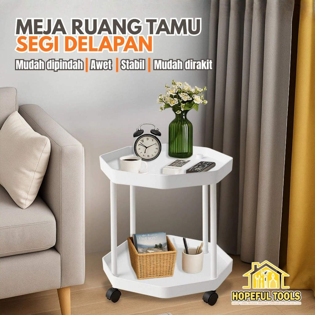 Meja Samping Sofa Roda 2 Tingkat Rak Serbaguna Estetik Meja Nakas Minimalis Modern PBR-S