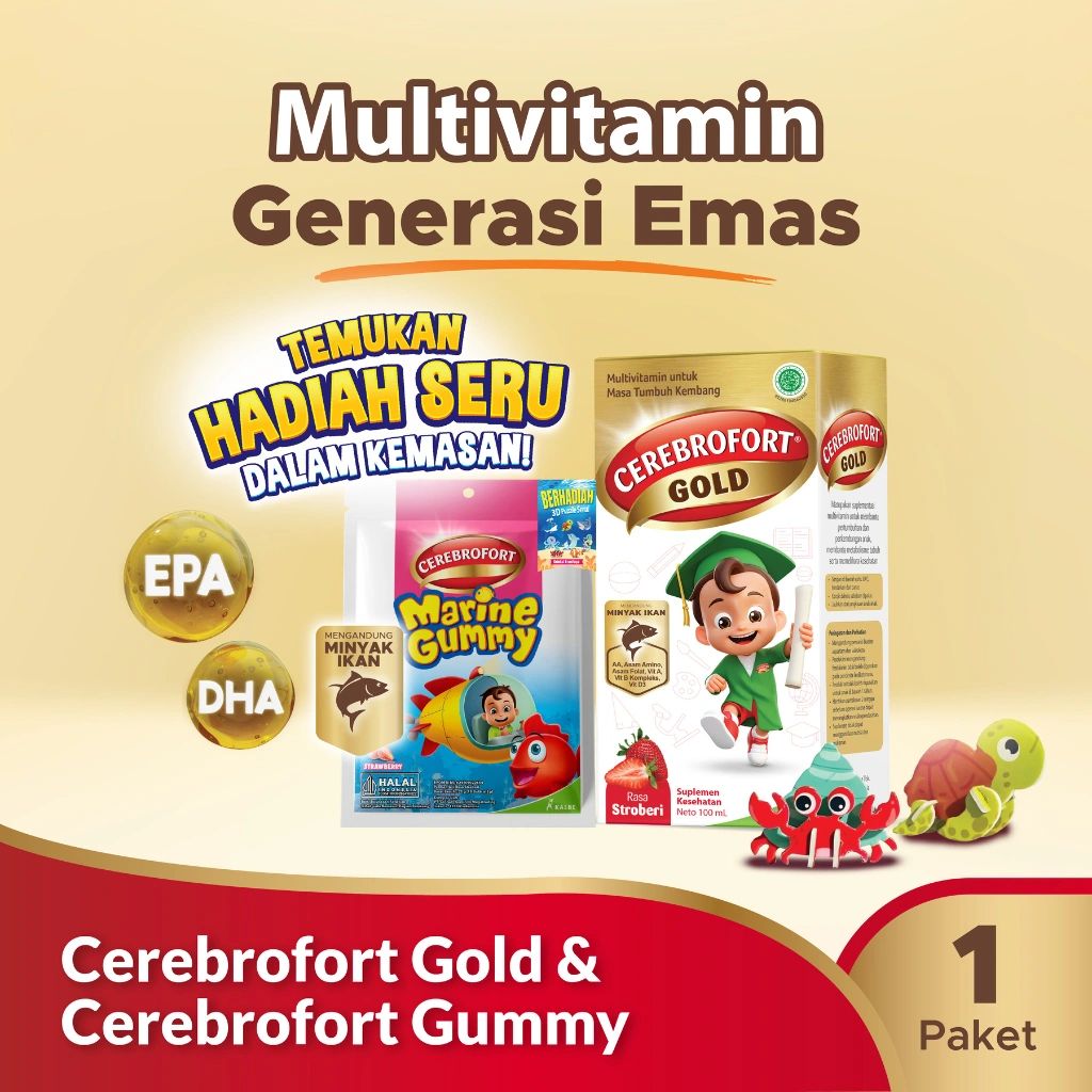 Cerebrofort Bundling Anak Cerdas – Marine Gummy + Gold Suplemen Multivitamin Anak DHA EPA Omega 3 dari Minyak Ikan Tuna untuk Otak & Daya Tahan