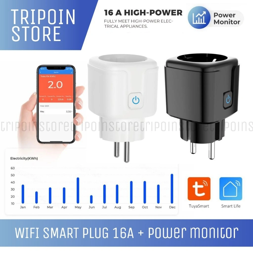 TUYA Smart Plug 16A Colokan Pintar dengan Fitur Power Meter Monitor Pengukur kWh Listrik
