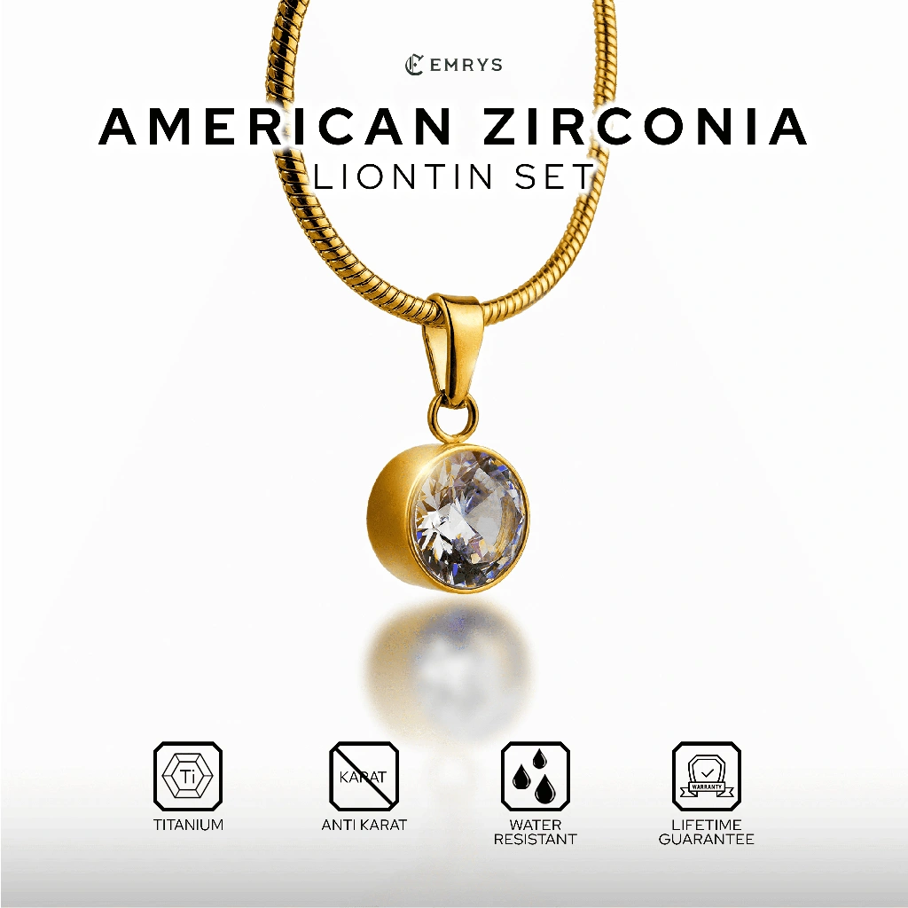 BUY 1 FREE 1 GIFT Emrys Liontin Set AMERICAN ZIRCONIA Kalung Liontin Titanium Anti Karat Pria Wanita