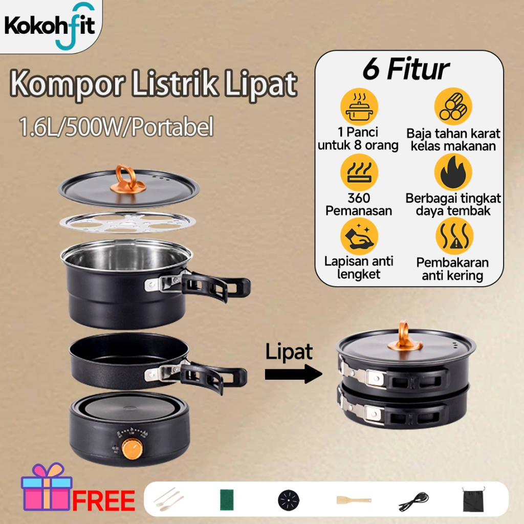 Kokohfit Panci Kompor Listrik Lipat Portabel 1.6L Panci Pemanggang Wajan & Kukusan Multifungsi - 2Level Daya​​ 500W / 800W