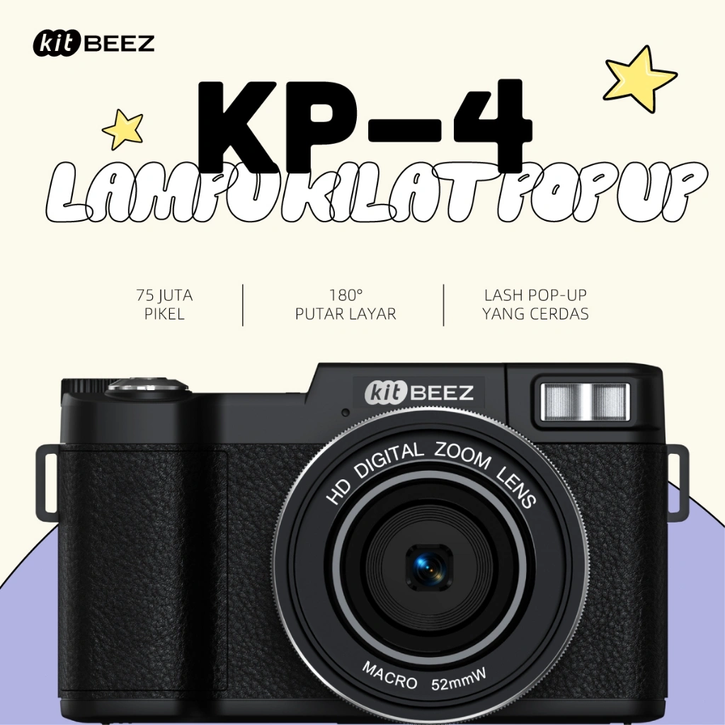 KiTBEEZ KP-4 Kamera Digital WiFi 75MP 5K 18x Putaran 180° Koneksi Selfie Digicam with Flash Filter