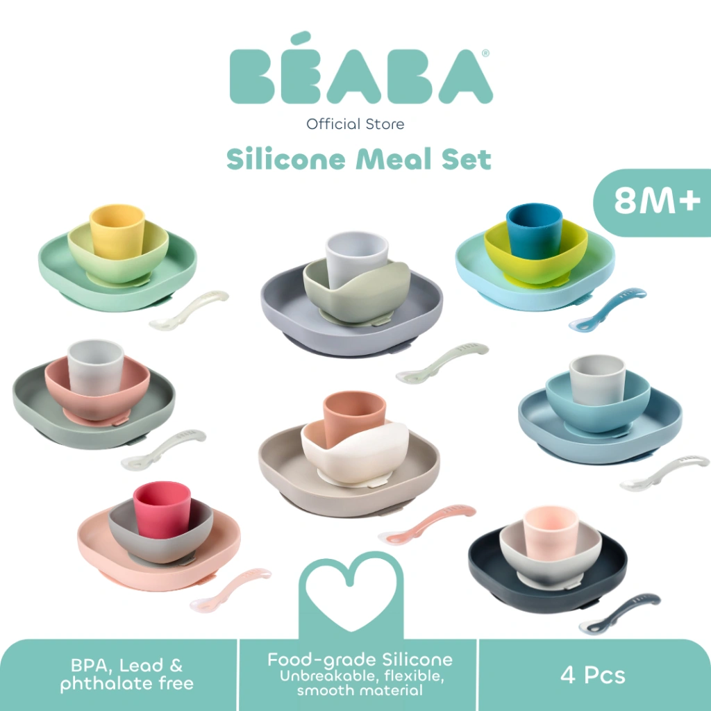 [NEW COLORS! Tebus Murah 10 Ribu] Beaba Baby Silicone Meal Set (4 Pcs) - Set Alat Makan Bayi Silicon (Piring/Plate, Mangkok/Bowl, Cangkir/Cup, Sendok/Spoon) Silikon Silicone Food Grade Bebas BPA LEAD Pthalate Free Umur 4 6 8 10 Bulan 1 Tahun