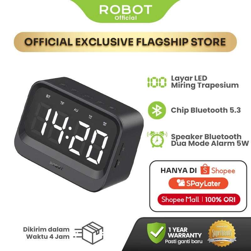 ROBOT Speaker Alarm Bluetooth RB620 LED Digital Clock Dual Smart Alarm BT 5.3 Portable 5W - Garansi 1 Tahun