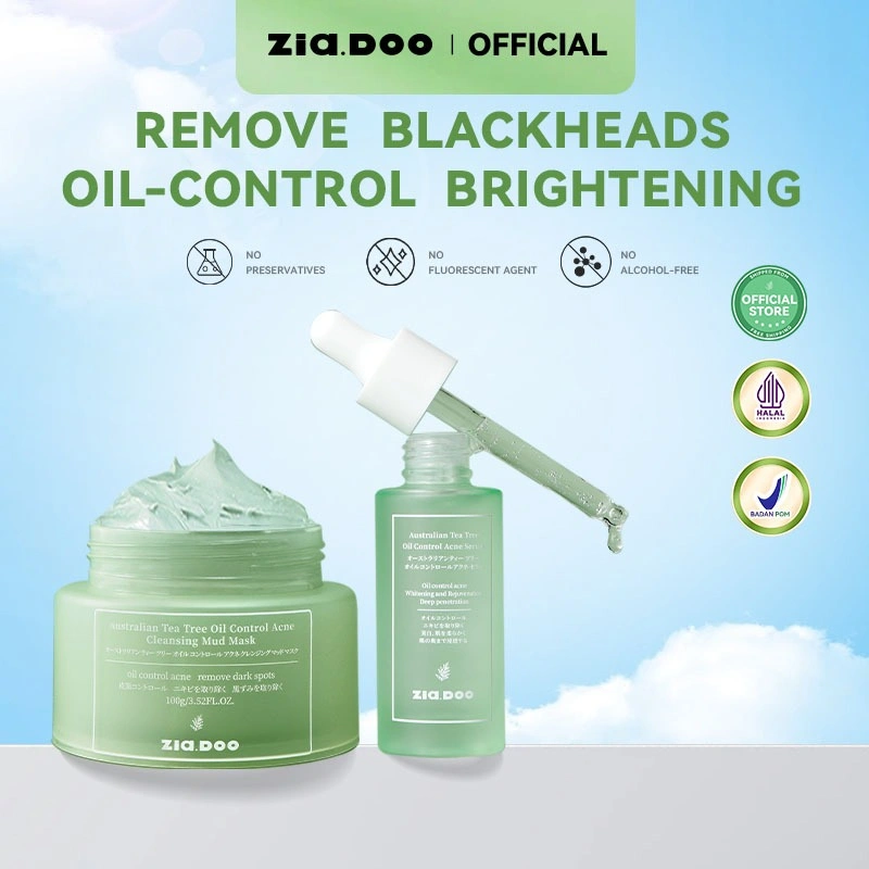 ZIA.DOO Australian Tea Tree Oil 2in1 Set 2pcs – Serum Jerawat 15ml + Clay/Mud Mask Anti Aging 60g/100g | Perawatan Kulit Wajah, Skin Barrier