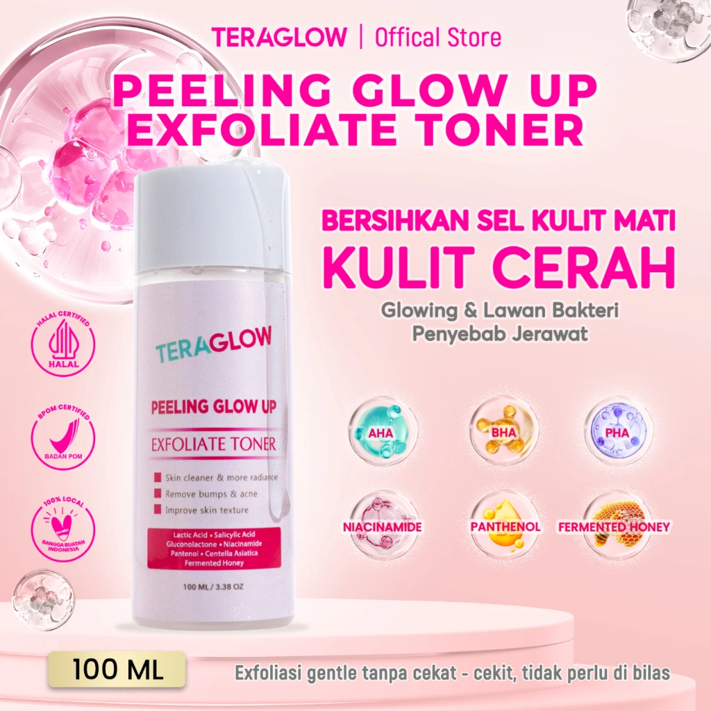 TERAGLOW Toner Exfoliasi Peeling Glow Up Aha Bha Pha Mengangkat Sel Kulit Mati,  Mencerahkan, Mencegah Jerawat