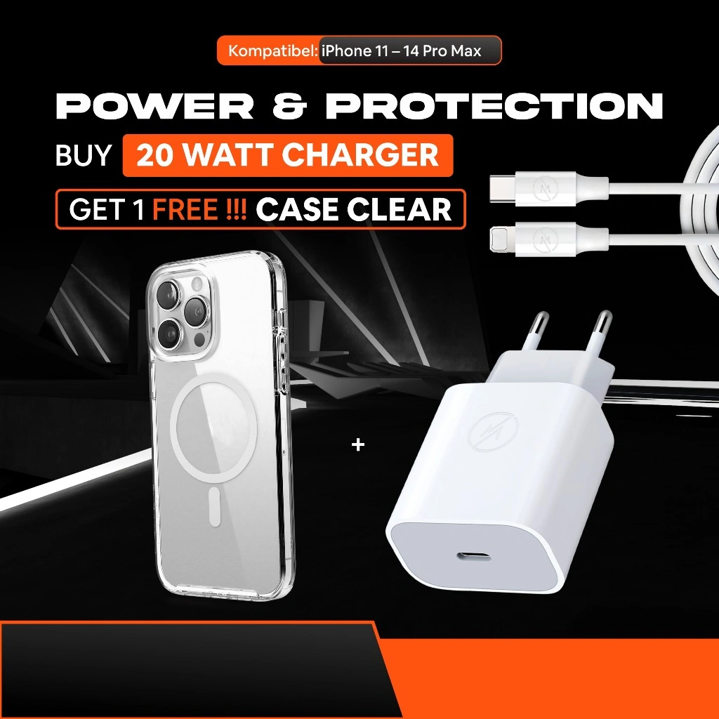 (BUNDLING PAKET) Set Charger Fast Charging 20 Watt Adaptor + Kabel Lightning + Magsafe Casing Wireless Magnetic Clear Case for iPhone Series 11 12 13 14 PROMAX