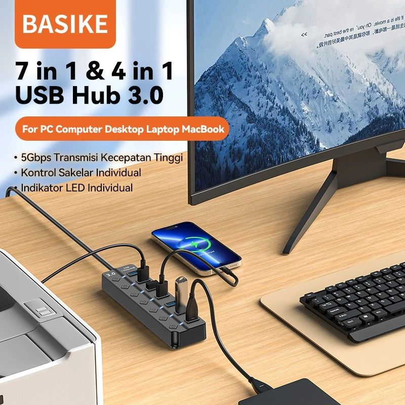 [HOT]BASIKE USB Hub 3.0 Multi Port 7 in 1 & 4 in 1 Adaptor Hitam ABS Kabel 30cm Kontrol Saklar Independen Indikator LED untuk PC Laptop Computer Card