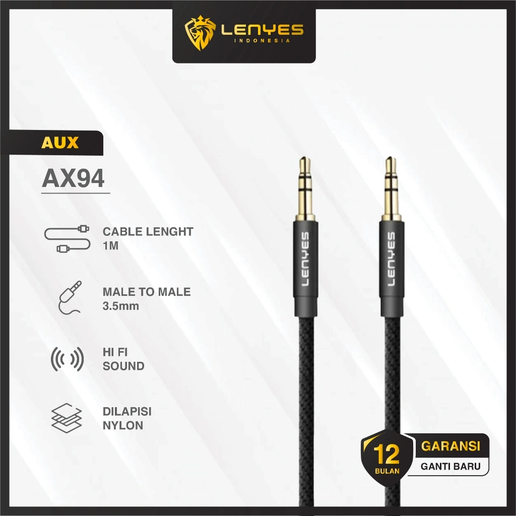 LENYES AX94 Kabel Aux 3.5mm Jack Audio Cable Male To Male Braided Hifi Stereo 1 Meter