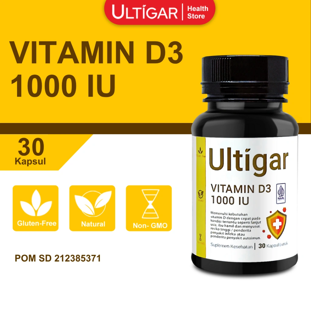 Ultigar Vitamin D3 1000 IU - Botol isi 30 Kapsul Lunak - Natural Vitamin D 1000 IU - Suplemen Kesehatan