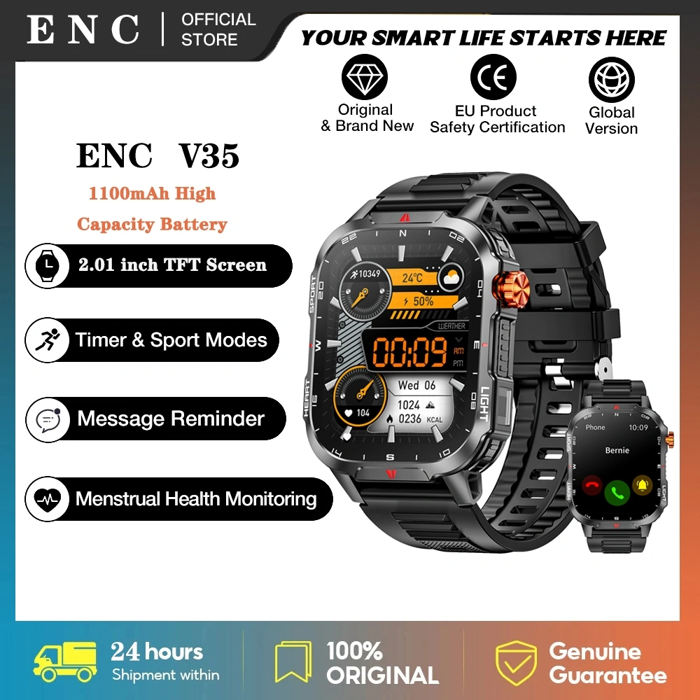 ENC Military Smartwatch Pria 2.01'' Big Screen Tactical | Jam Tangan Pria Smartwatch 1100mAh Big Battery | Fitness Tracker | Heart Rate | Sleep Monitor Make | Bluetooth calling for iPhone Android