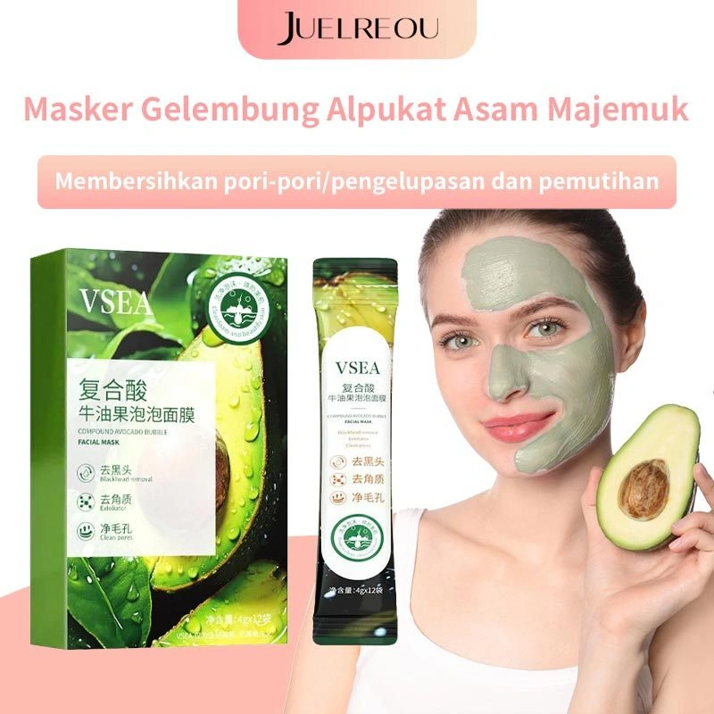 [JUELREOU]4g*12 bungkus Masker gelembung alpukat asam majemuk/Pembersihan mendalam, penghilang komedo, jerawat, pelembab, peremajaan kulit, masker pembersih pori-pori/Avocado Mask Complex Bubble Sleeping Mask Deep Cleansing