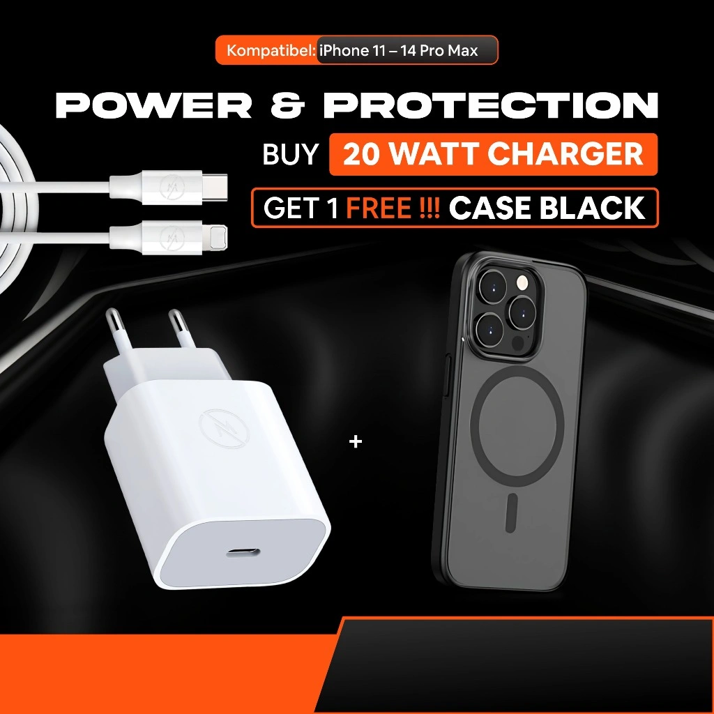 (BUNDLING PAKET) Set Charger Fast Charging 20 Watt Adaptor + Kabel Lightning + Magsafe Casing Wireless Magnetic Black Case for iPhone Series 11 12 13 14 PROMAX