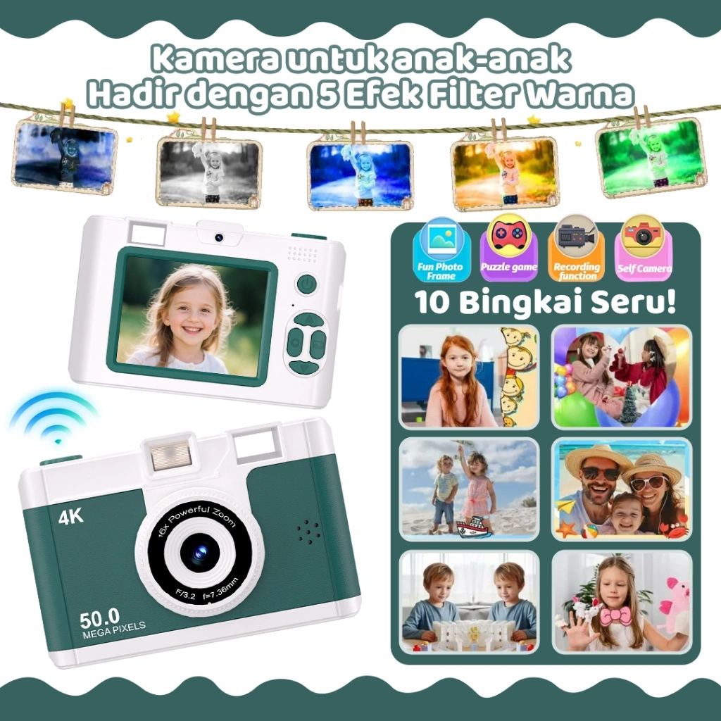T-JERZEN Kamera Digital Anak 50MP 1080P Zoom 16x Dilengkapi Kartu 32GB Tali Leher Desain Ringkas untuk Anak Laki-laki & Perempuan M16