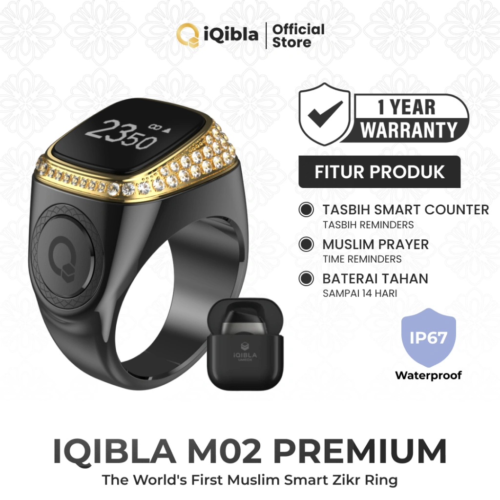 iQibla Zikr Ring M02 Premium Smart Tasbih Digital Hitung Zikir Harian Muslim Modern Baterai Tahan Lama Cincin Zikir With Charging Dock