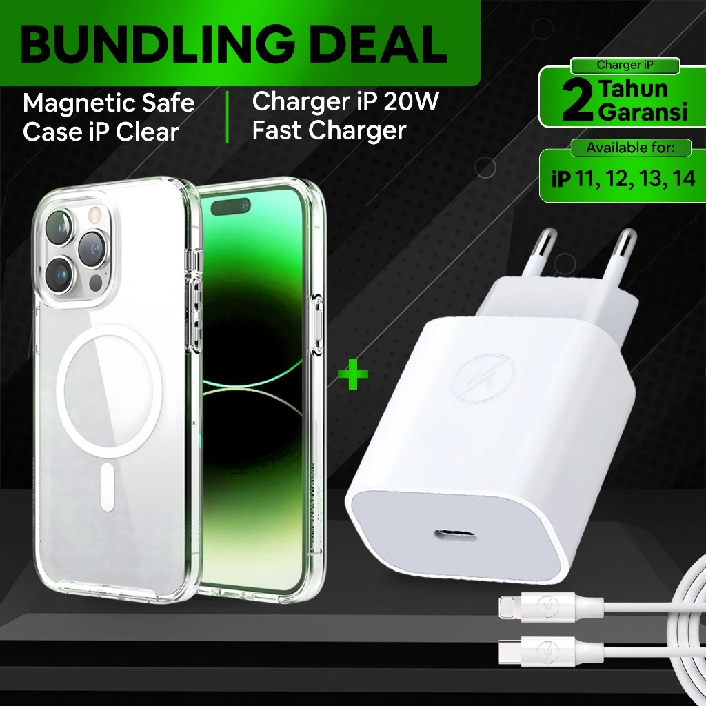(PAKET) Set Charger Fast Charging 20 Watt Adaptor + Kabel Lightning + Magsafe Casing Wireless Magnetic Clear Case for iPhone Series 11 12 13 14 PROMAX