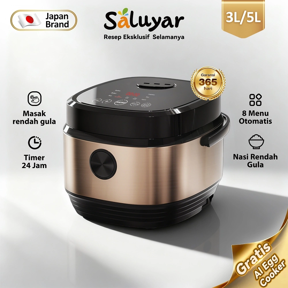 Saluyar Low Sugar Rice Cooker 3L/5L • Digital Layar Atas • 8 Menu Otomatis • Timer 24 Jam • Premium Shopee Mall