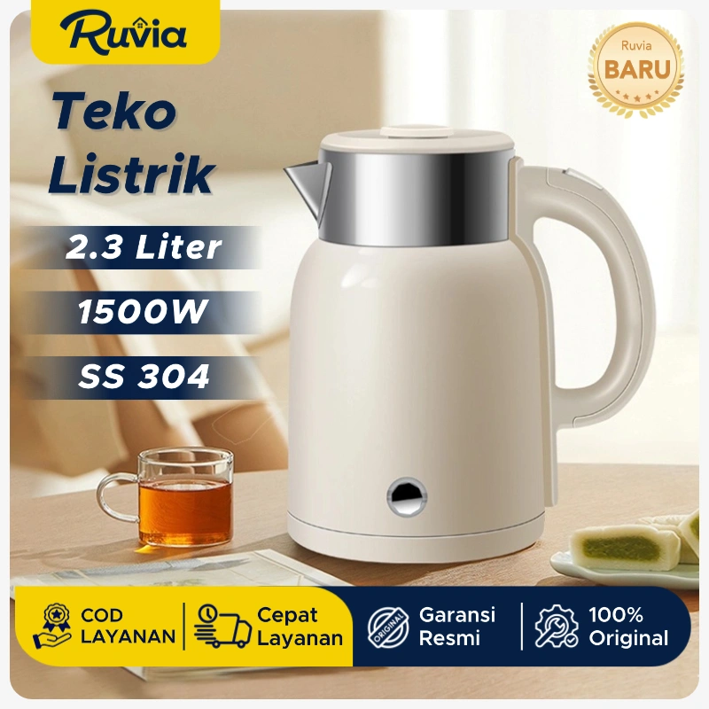 Ruvia Teko Listrik 1500W 2.3L Pemanas Air– Stainless Steel 304 Auto-Off Keamanan Desain Elegan