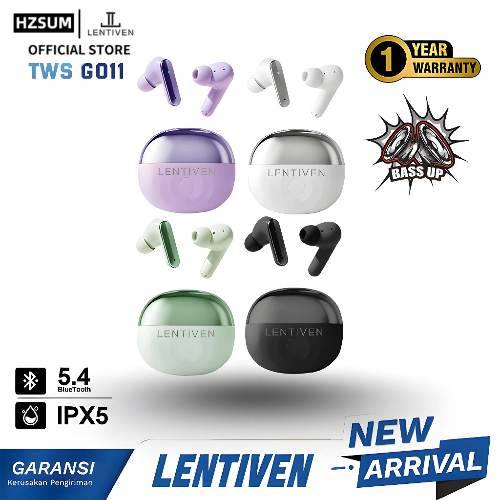 HZSUM LENTIVEN Earbuds TWS Wireless Earphone Headset Bluetooth 5.4 Hi-Res Audio IPX5 Garansi 1 Tahun G011