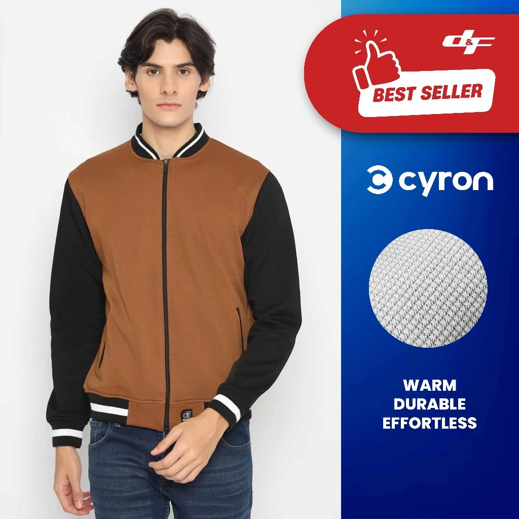 d&f Jaket Bomber CVC Pria - Coklat Hitam List Putih