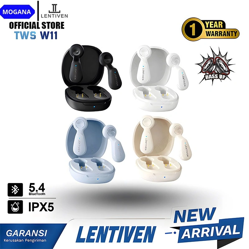 MOGANA LENTIVEN HEADSET Earbuds TWS Wireless Earphone Bluetooth 5.4 Hi-Res Audio IPX5 Garansi 1 Tahun W11