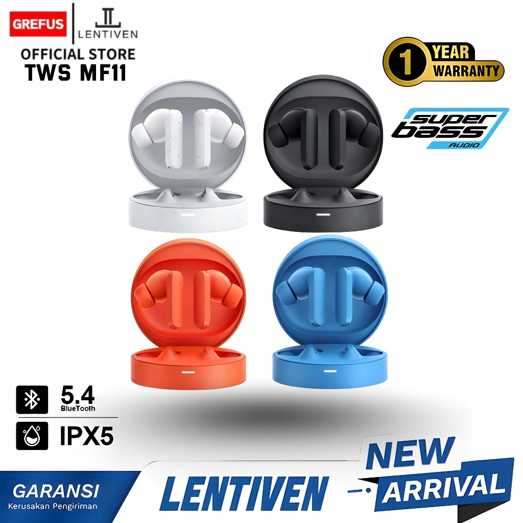 GREFUS LENTIVEN Earbuds TWS Wireless Earphone Bluetooth 5.4 Hi-Res Audio IPX5 Garansi 1 Tahun MF11