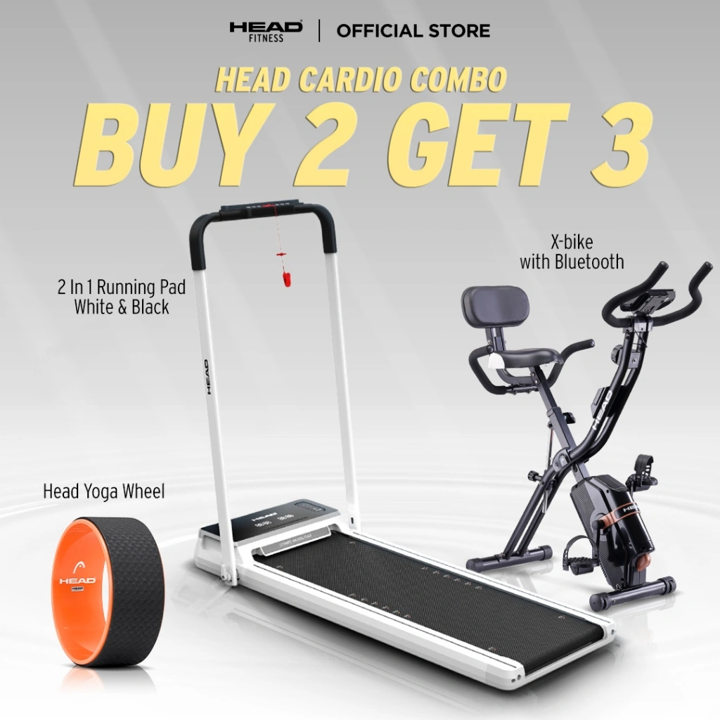 HEAD Cardio Combo / Treadmill Lipat 12KM/H / Sepeda Statis X-Bike 87 Level / Yoga Wheel / Paket Home Gym Premium