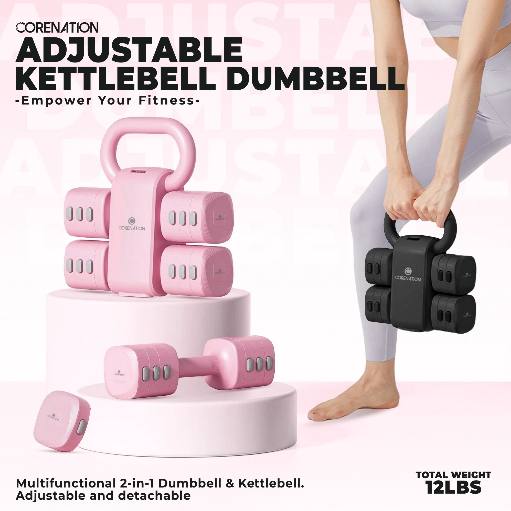 CoreNation Adjustable Kettlebell Dumbell 12 LBS / 5,4 Kg 2-IN-1 Alat Fitness Rumah | Barbel Dumbbell Dumble Barbell