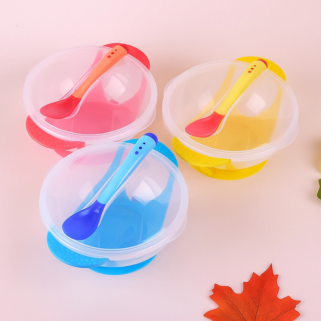 Set Mangkok Sendok Bayi Silicone – Alat Makan Bayi Anti Tumpah dengan Sensor Panas & Garpu MPASI