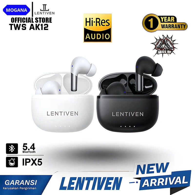 LENTIVEN Earbuds TWS Wireless Earphone Bluetooth 5.4 Hi-Res Audio IPX5 Garansi 1 Tahun AK12