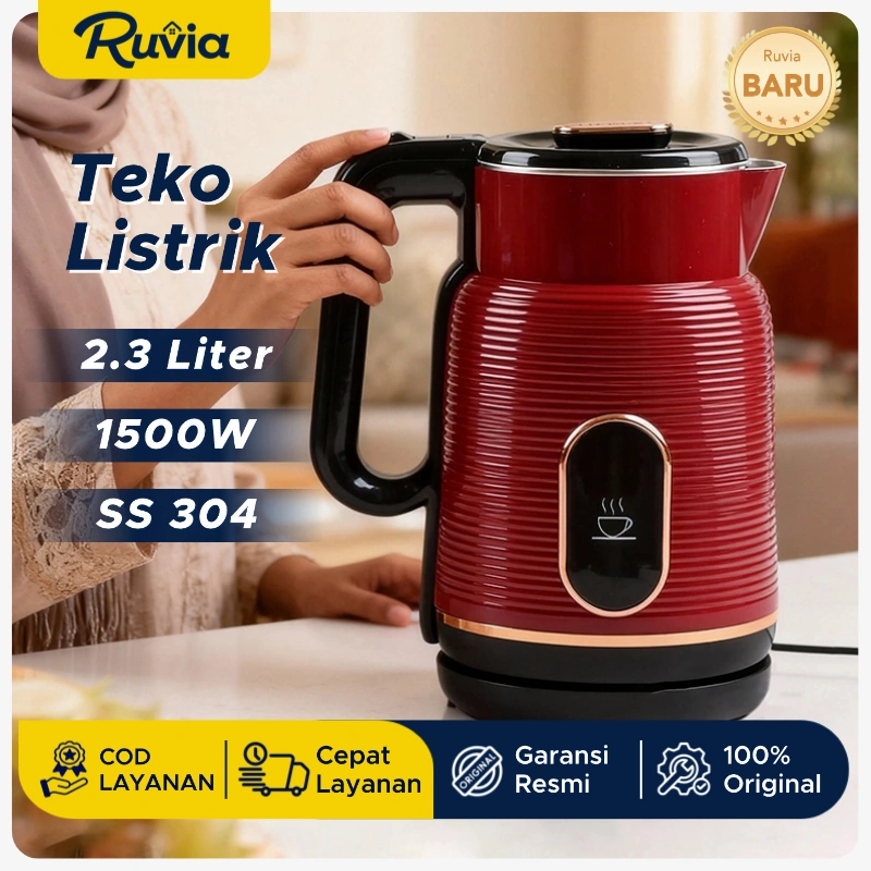 Ruvia Teko Listrik Pemanas Air 1500W 2.3L Electric Kettle Stainless Steel Auto-Off Double Wall