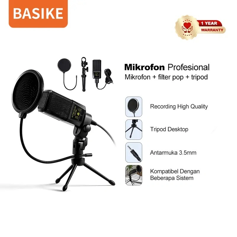 BASIKE Microphone Condenser Mic 3.5mm with Tripod Stand Pop Filter for Streaming Podcasting Vocal