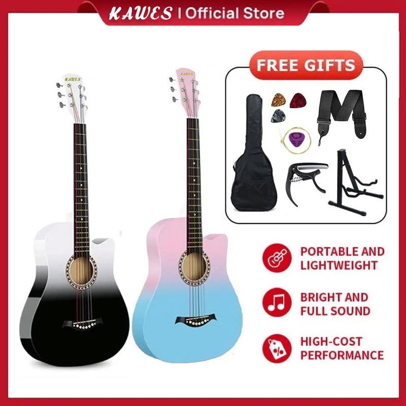 KAWES Gitar akustik tingkat pemula cocok untuk pemula untuk berlatih 38 inci Set lengkap dengan stand gitar dan aksesoris