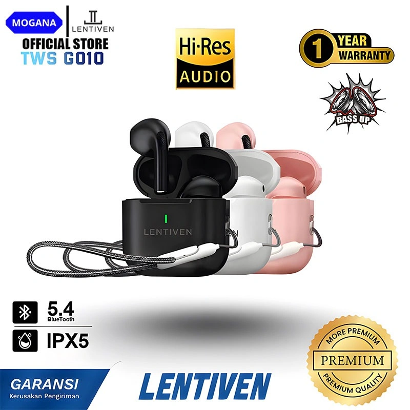 MOGANA LENTIVEN Earbuds TWS Wireless Earphone Bluetooth 5.4 Hi-Res Audio IPX5 Garansi 1 Tahun G010