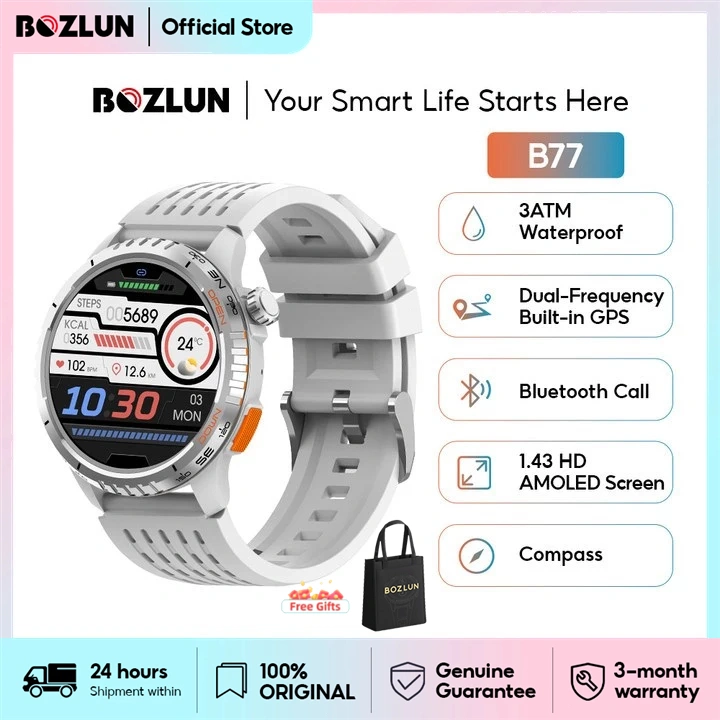 BOZLUN B77 Smartwatch Built-in GPS 1.43AMOLED Screen 100+ Sports Modes 3 ATM Waterproof Bluetooth Phone Call