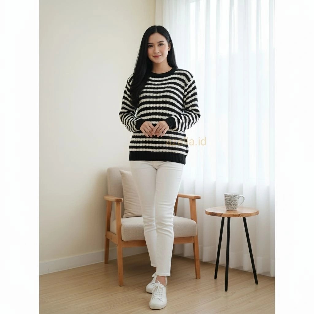 AZL | Sweater Popcorn Blaster - Atasan Rajut Knit Wanita - Motif Stripe Garis Garis