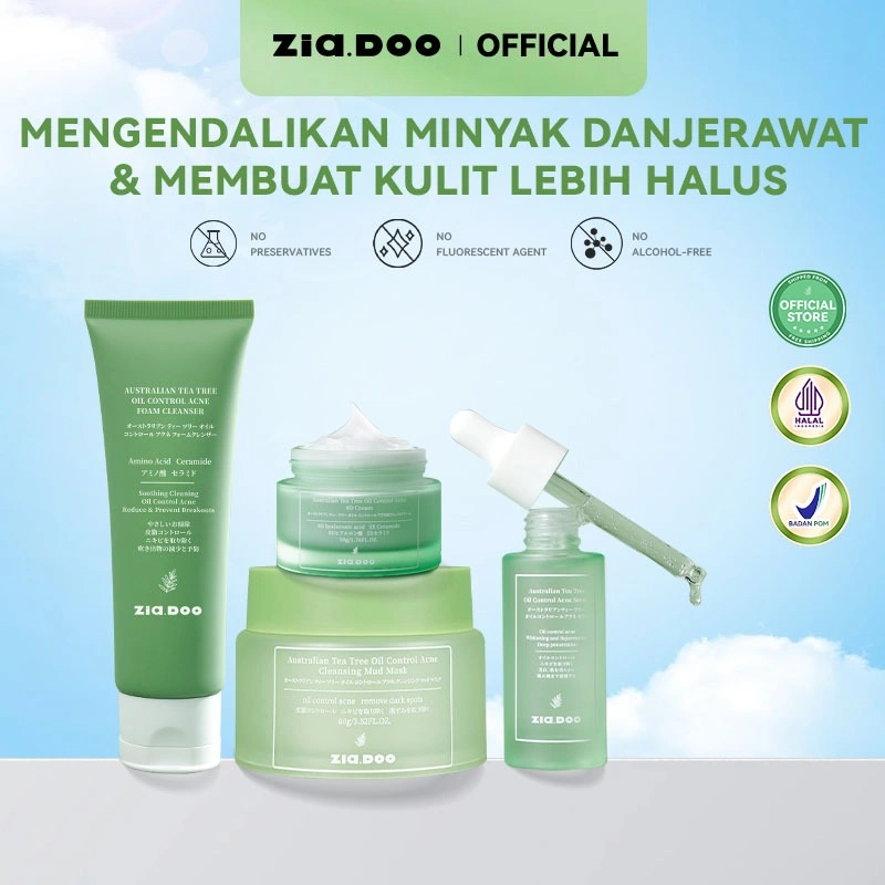 ZIA.DOO [Free Gift] Australian Tea Tree Oil Acne Skincare 4pcs Set – Serum 30ml, Moisturizer Cream 50g, Cleansing  80ml, Clay/Mud Mask 60g/100g | Kontrol Minyak, Jerawat, Pori Kecil, BPOM