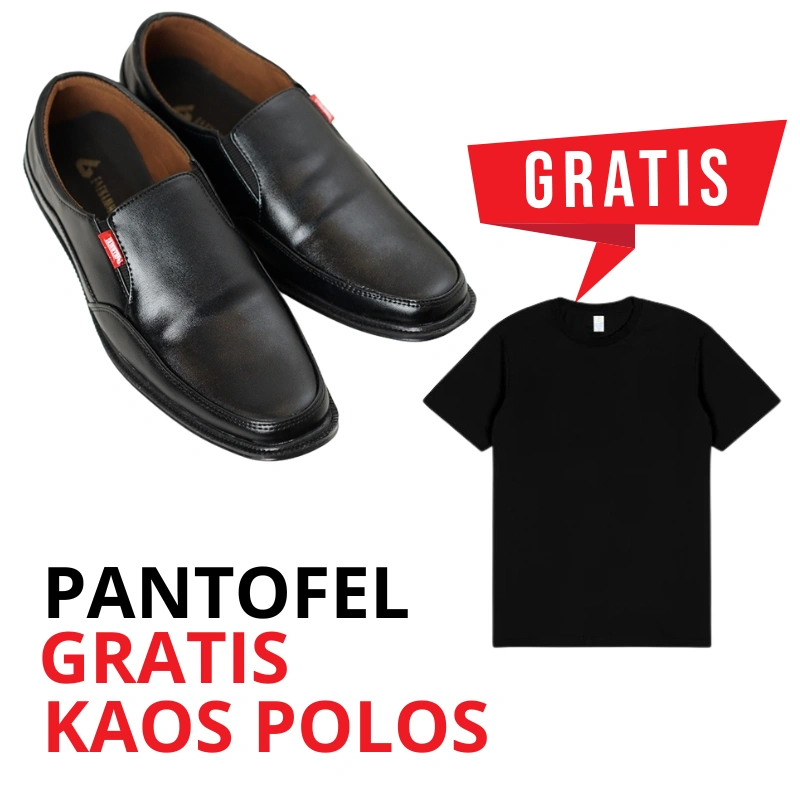 Pantopel Pria Warna Hitam GRATIS Kaos Polos Sepatu Pantofel Ngantor Kuliah Kerja Bahan Berkualitas