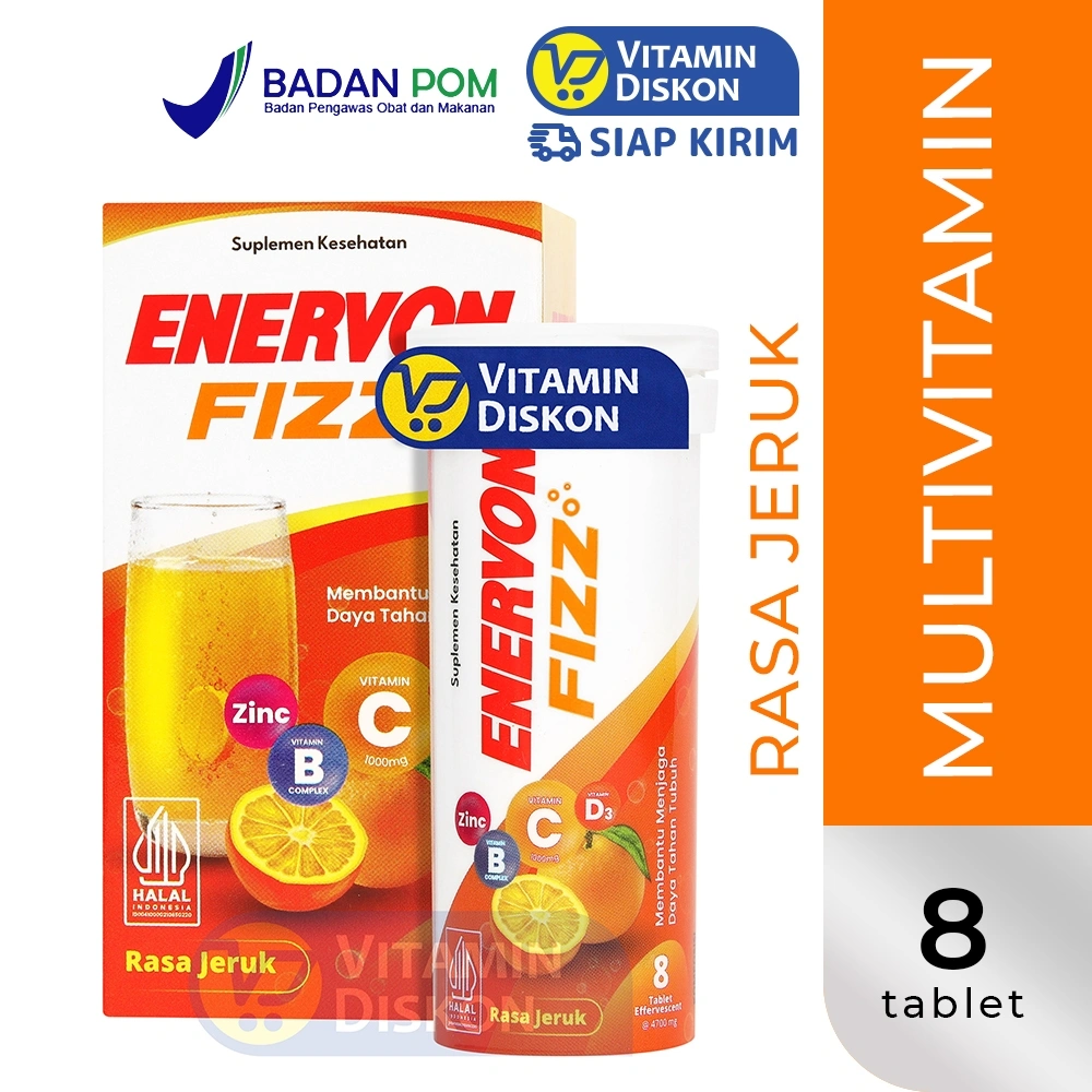 ENERVON FIZZ EFFERVESCENT RASA JERUK ISI 8 TAB| Suplemen KesehatanMultivitamin, Daya Tahan Tubuh, Vitamin C dan B Kompleks, D3 dan Zinc Imunitas Tubuh