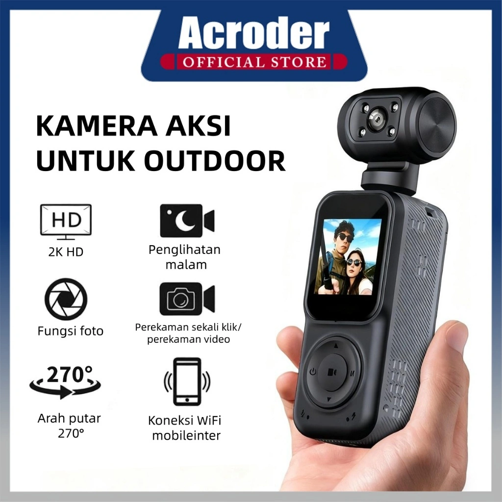 Acroder Pocket Mini Camera Q3/Q5 HD 4K WiFi Putar 270° 1,54 Inch IPS Screen Action Cam VLOG Mobile Phone Control